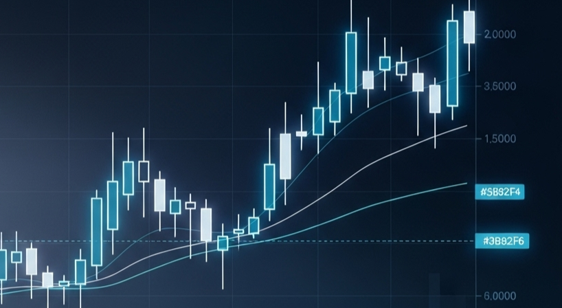Gráfico de candles em tons de azul representando evolução no mercado